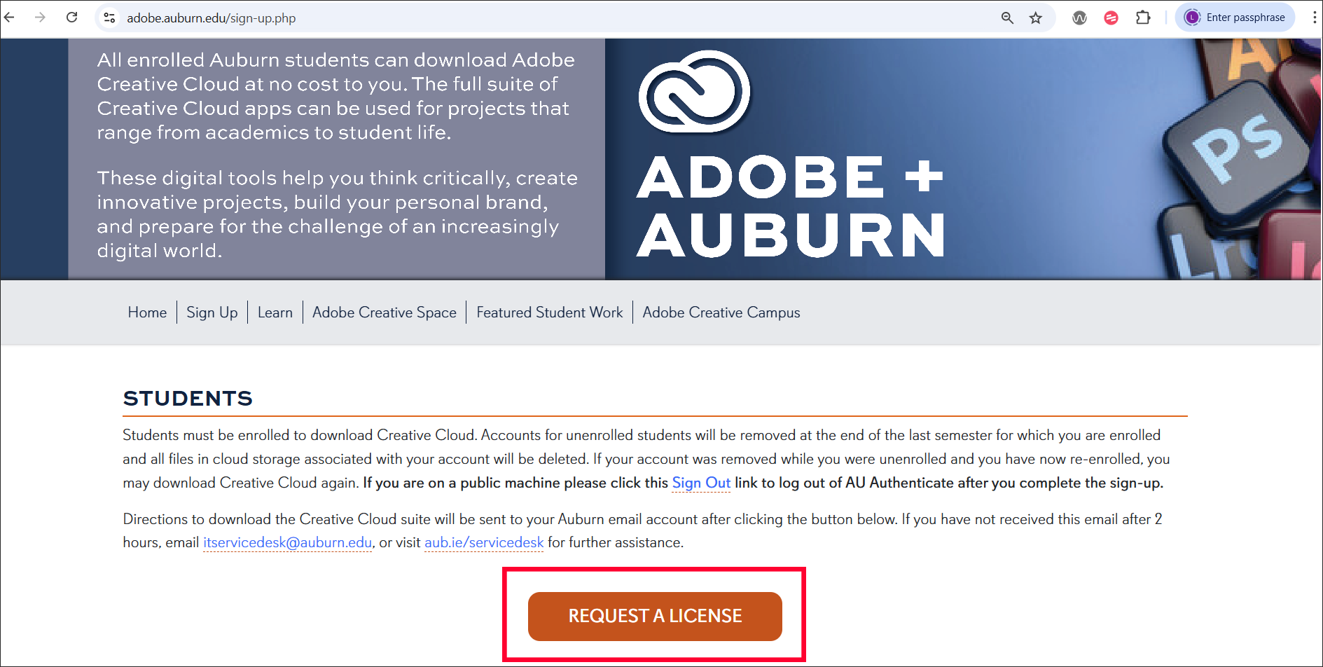 Adobe request a license page