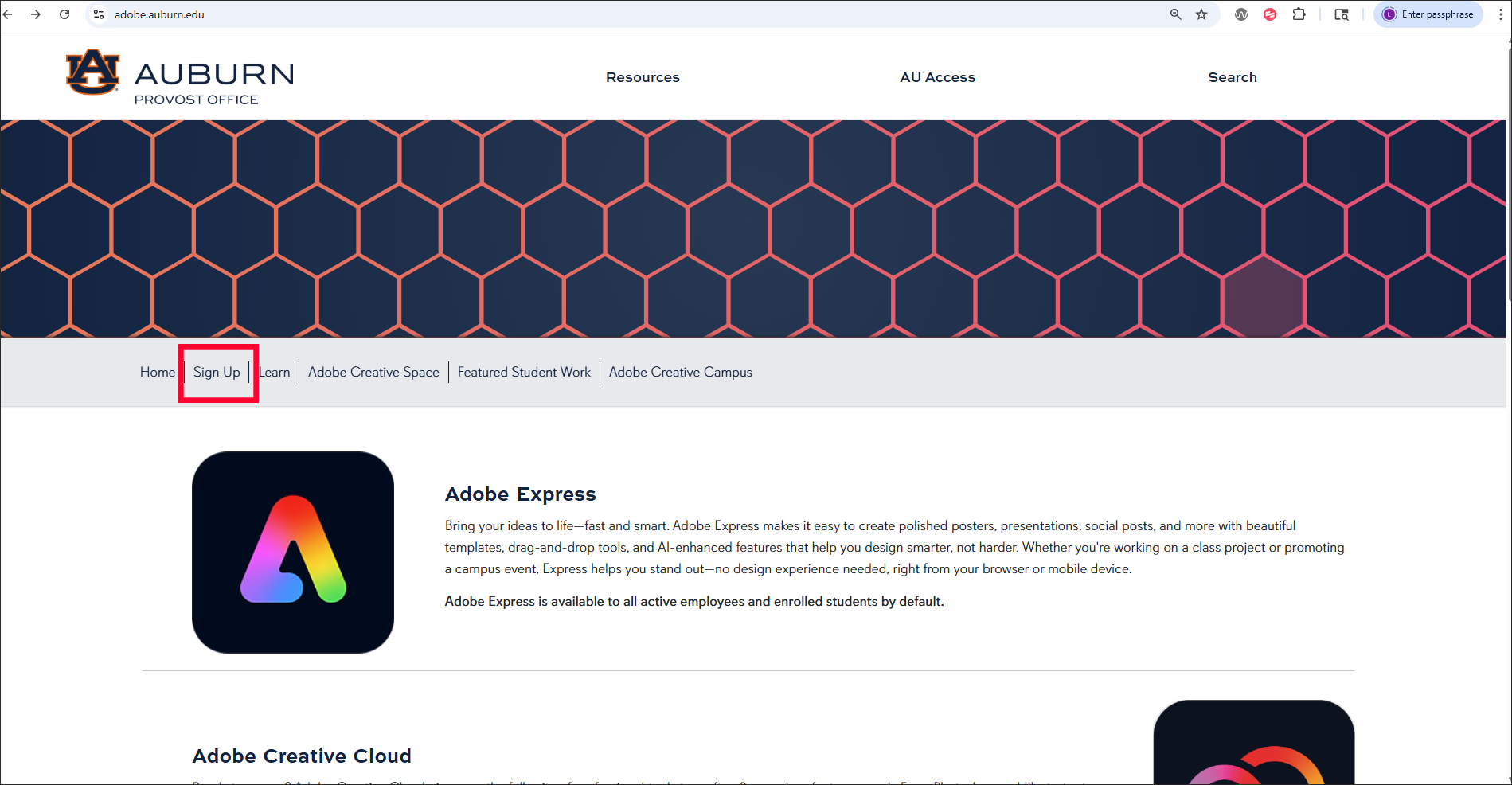 adobe.auburn.edu homepage sign up option